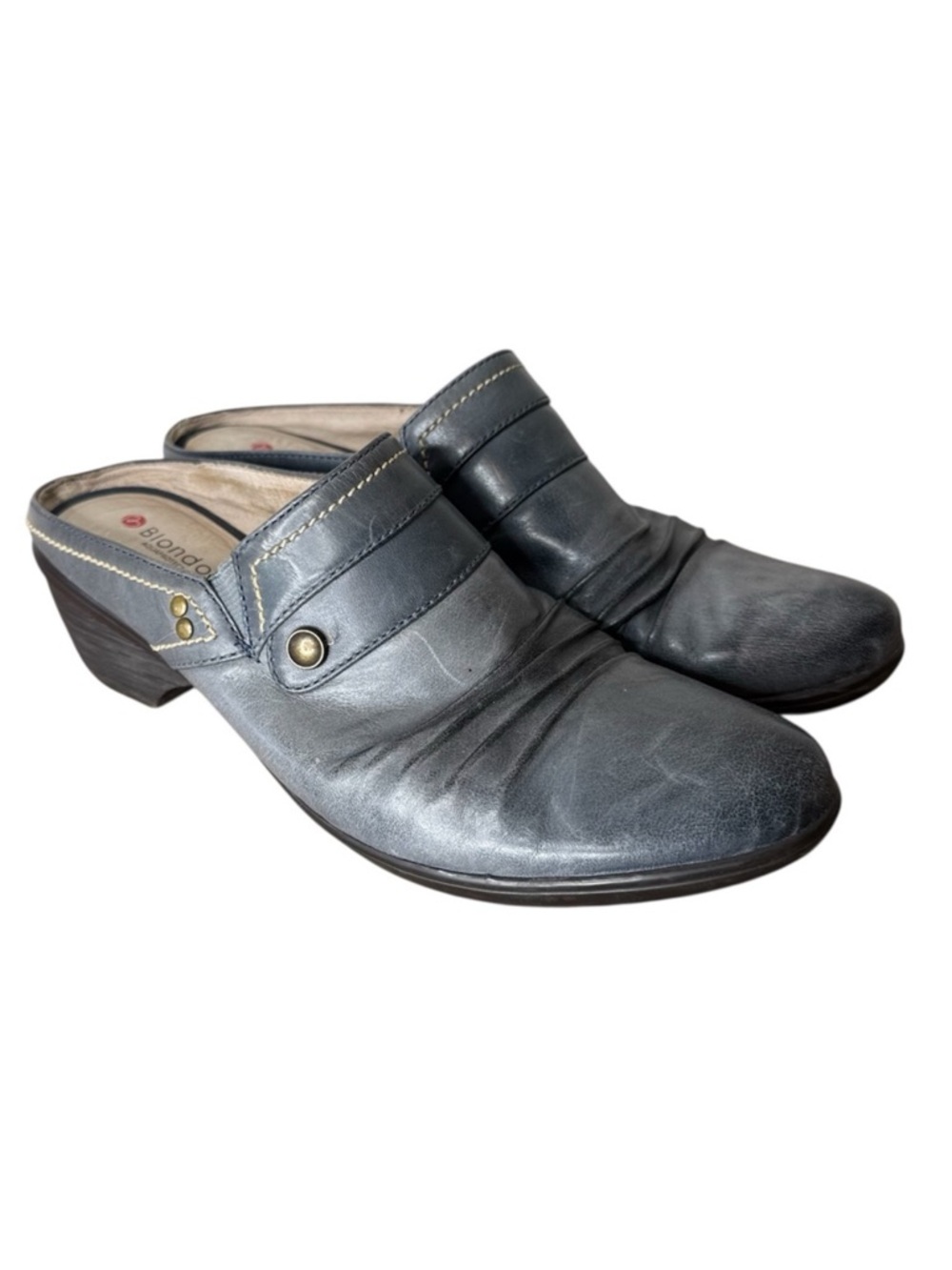 BLONDO Leather Fabienne Mules Slip On Small Heel Icy Blue Grey Size 8